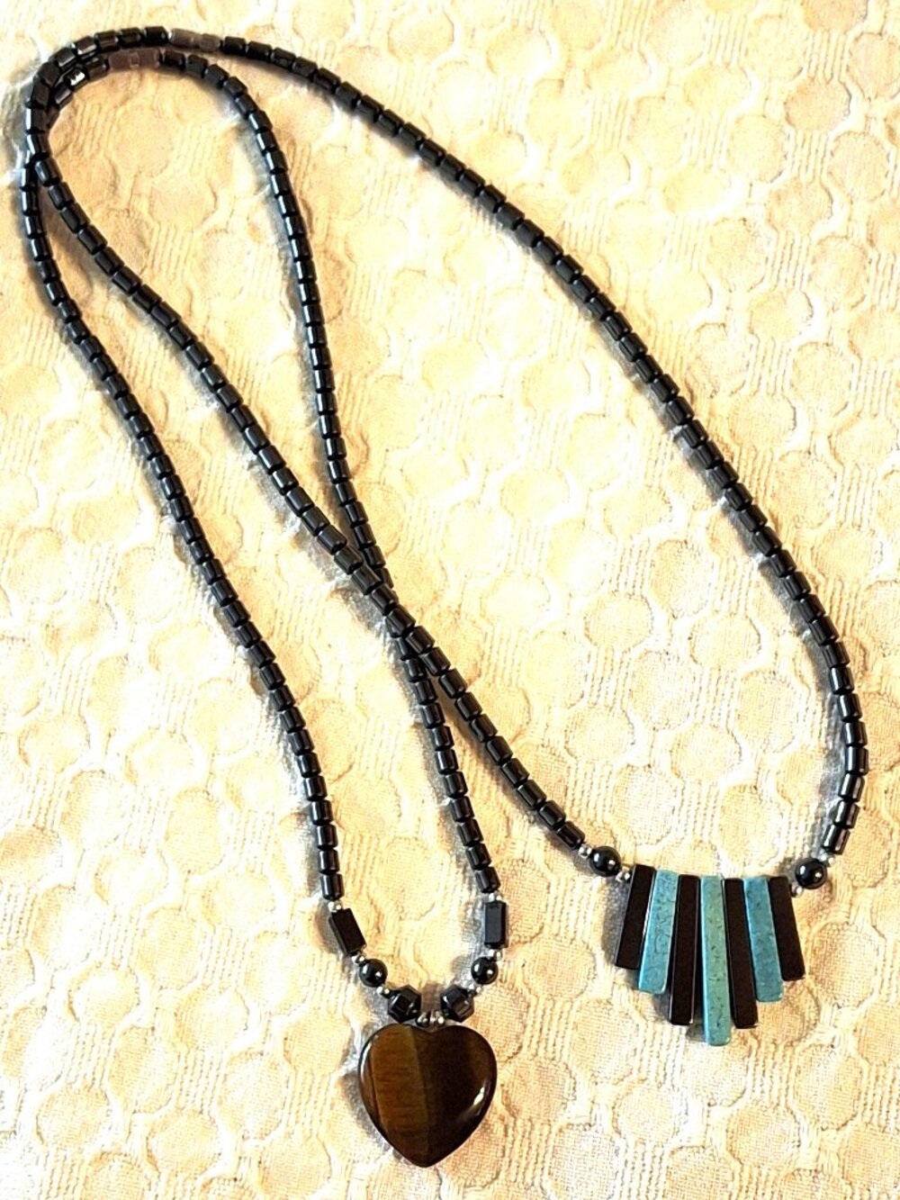 Set of 2 Hematite Stone Bead Necklaces Tiger Eye & Turquoise